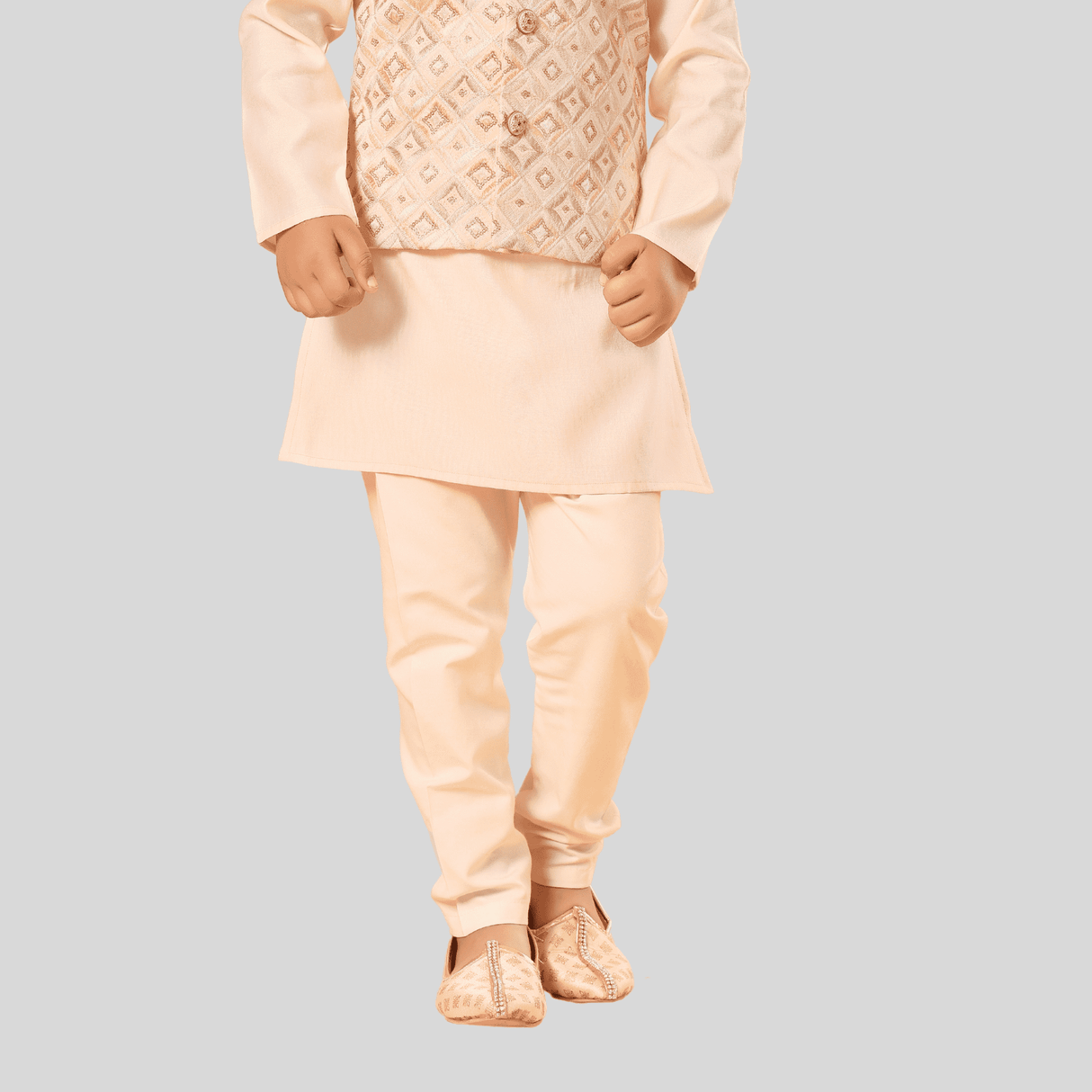 Boys Traditional Self Design Chudidar Kurta with Koti - Cream