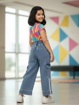 Girls High-Waist Wide Leg Denim Cargo Pants - Atlantic Blue