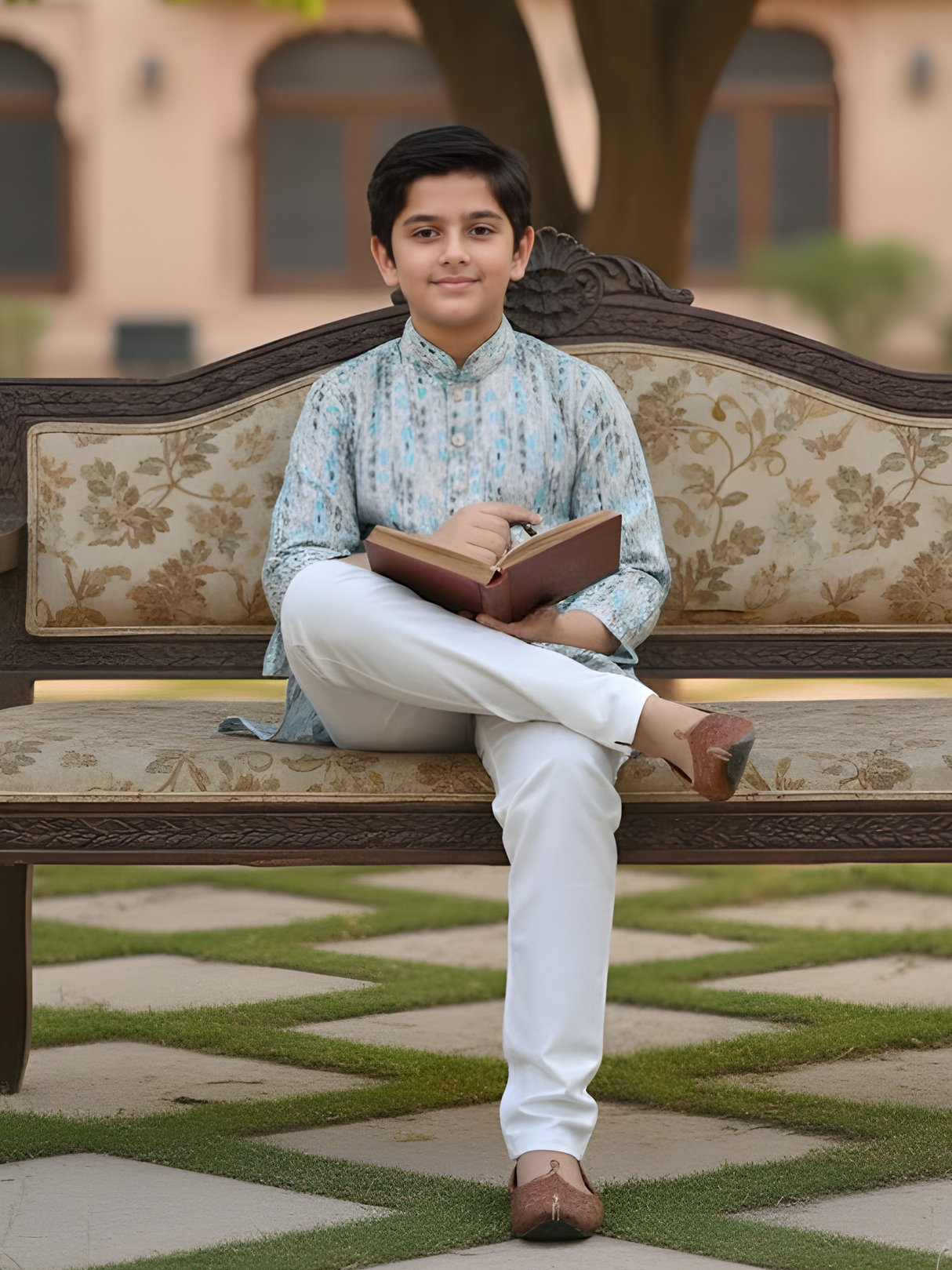 Premium Light Blue Geometric Pattern Kurta with White Pajama