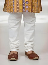 Boys' Festive Yellow & Blue Ikat Print Kurta with Cream Pyjama Set.