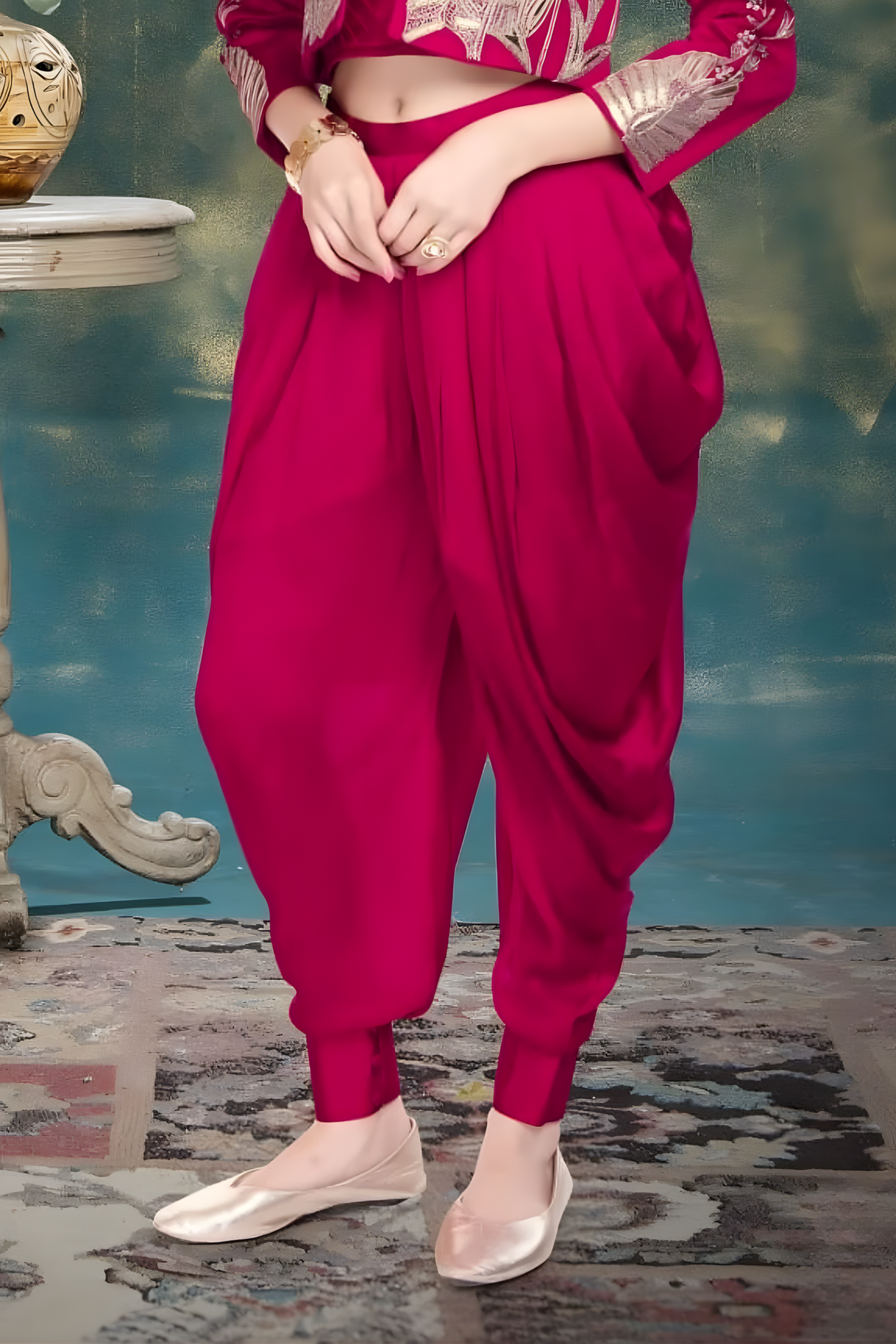 Girls'/Teen Rani Pink Dhoti & Crop Shrug Set