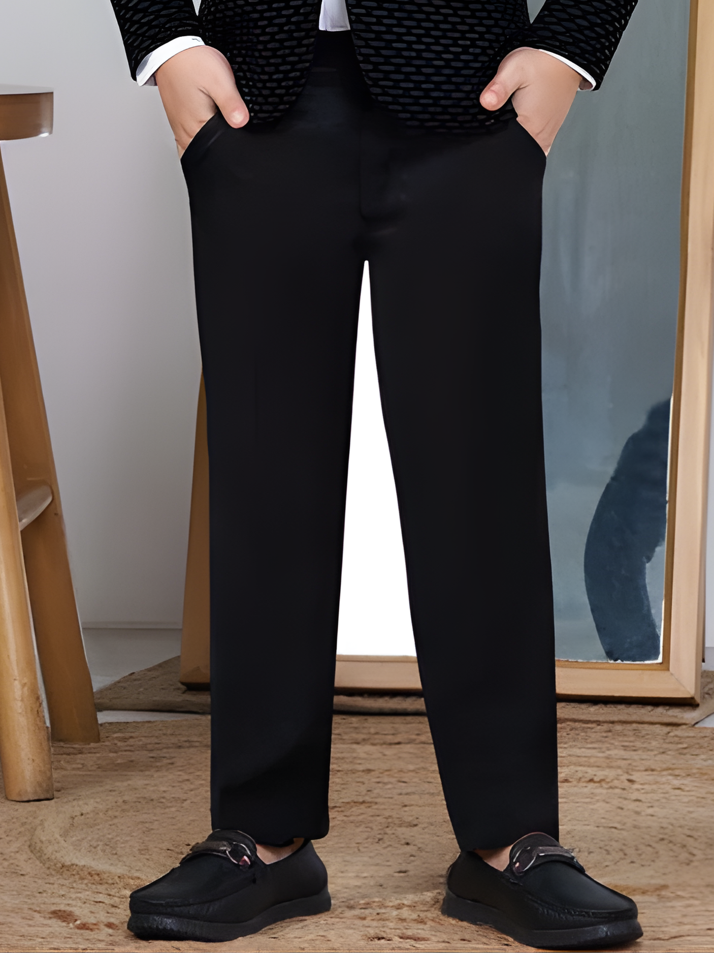 Boys' Black Textured Coat Suit with Waistcoat and Bow Tie