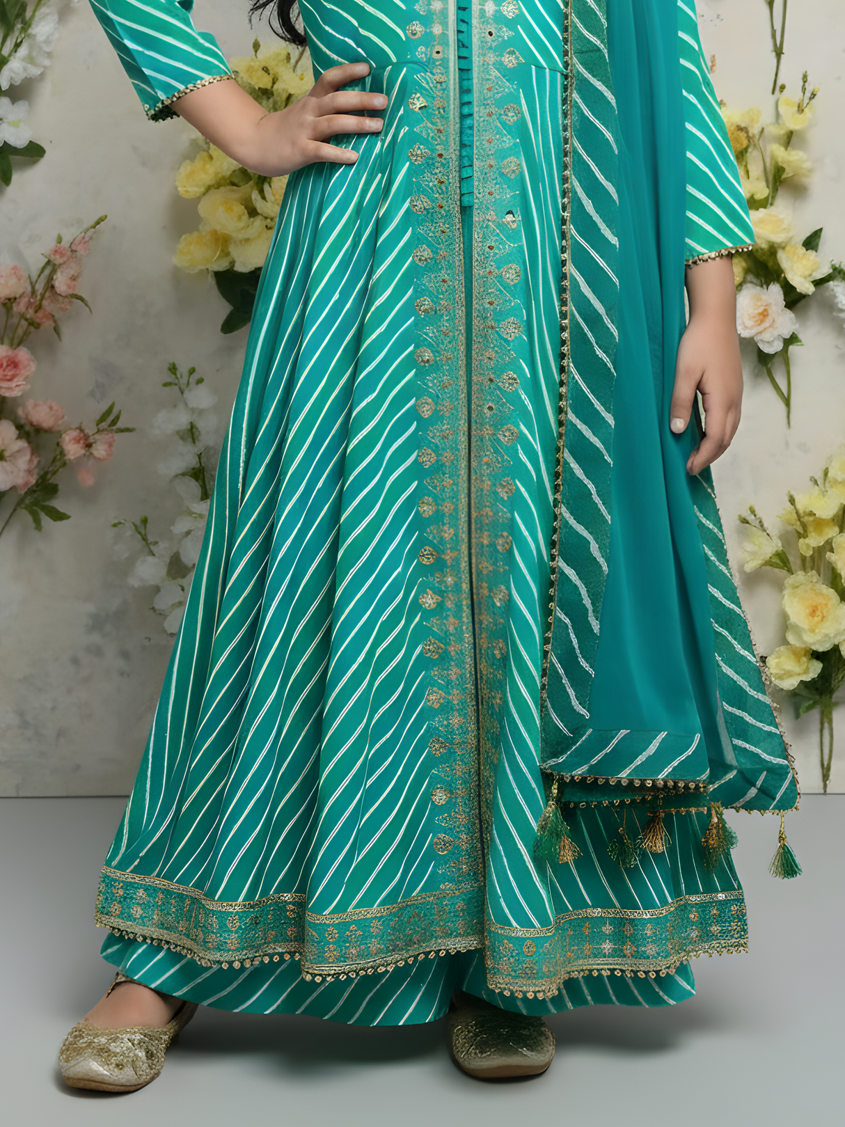 Girls' Teal Green Striped Anarkali Kurta and Garara Set with Dupatta