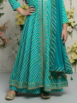 Girls' Teal Green Striped Anarkali Kurta and Garara Set with Dupatta