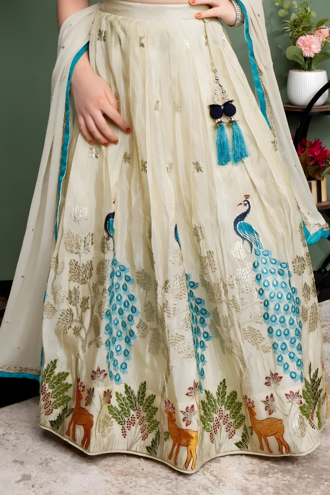 Ivory Cream Kids Lehenga Choli with Peacock & Deer Embroidery