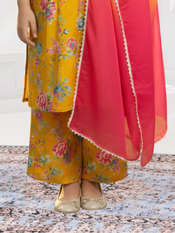 Girls' Sunny Yellow Floral Print Kurta and Palazzo Set with Ombré Dupatta
