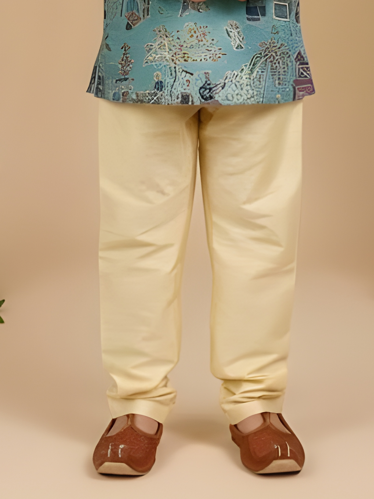 Boys' Teal Batik/Kalamkari Style Scenic Print Kurta Pajama Set
