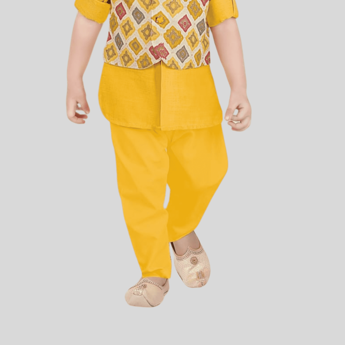 Boys Traditional Printed Chudidar Kurta with Koti - Yellow