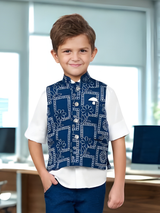 Boys' Navy Blue & White Printed Waistcoat Set.