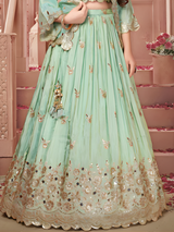 Girls' Aqua Blue Pre-Draped Ruffled Lehenga