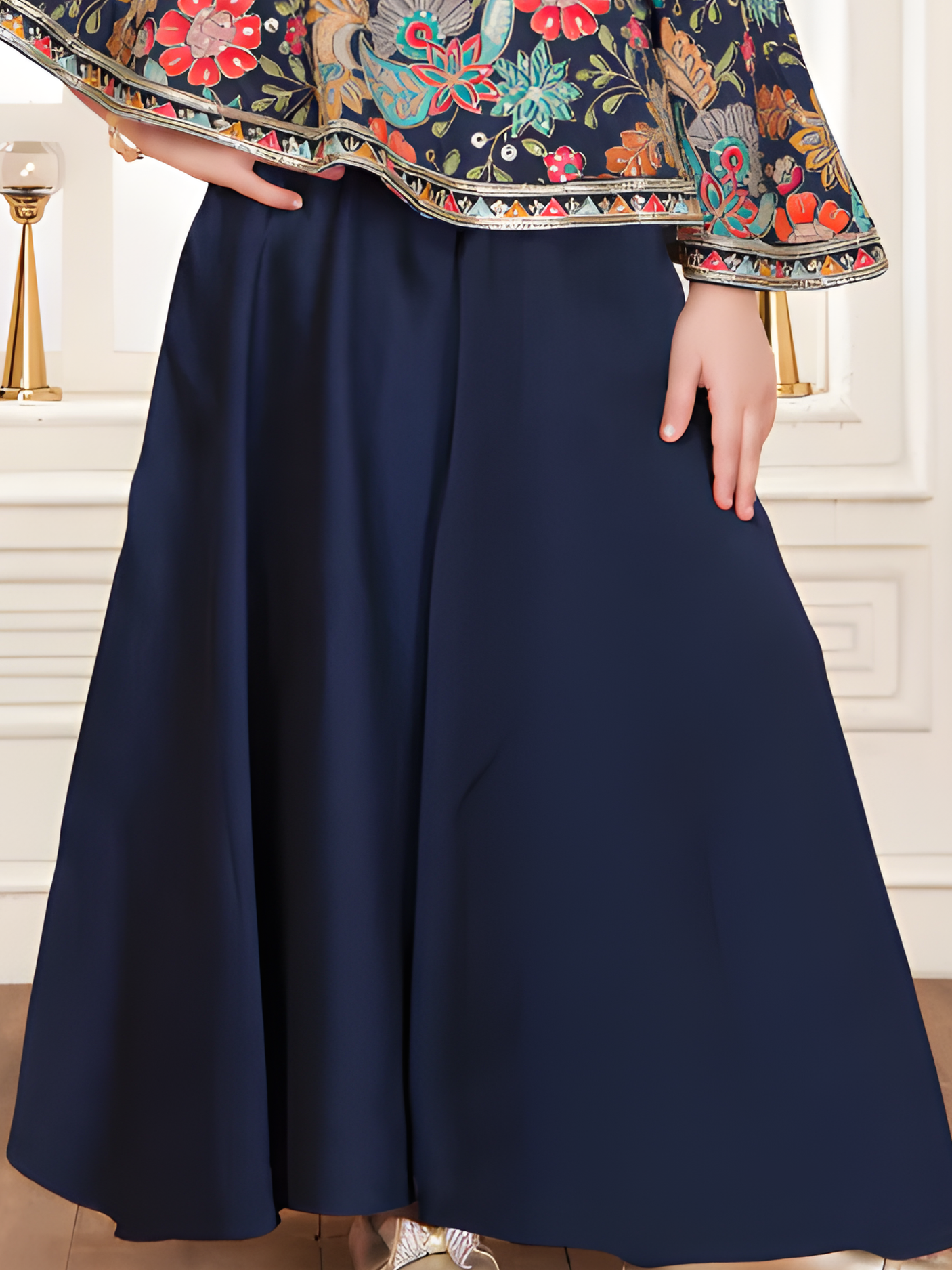 Girls' Embroidered Floral Cape Top and Palazzo Set (Navy Blue)