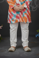 Boys' Orange Geometric Printed Kurta with White Dhoti Set