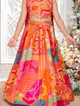 Girls' Vibrant Orange Patchwork Lehenga Choli Set with Halter Neck Top