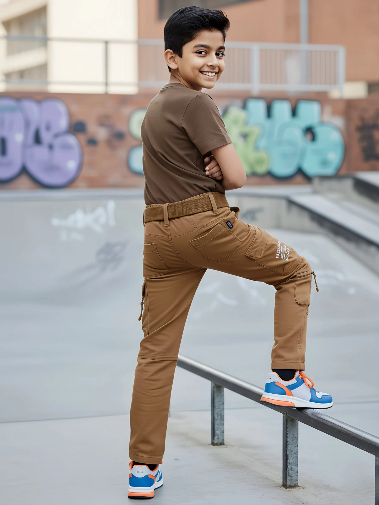 Boys' Rustic Brown Multi-Pocket Cargo Pants with Web Belt.