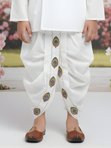 Boys' Crisp White Angrakha Kurta and Dhoti Set with Peacock Feather Embroidery