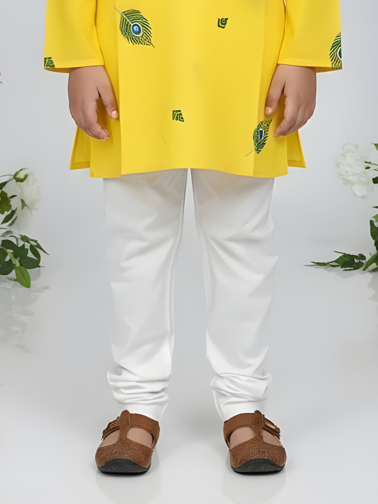 Boys' Festive Yellow Angrakha Kurta and Red Dhoti Set with Patchwork Applique
Handle