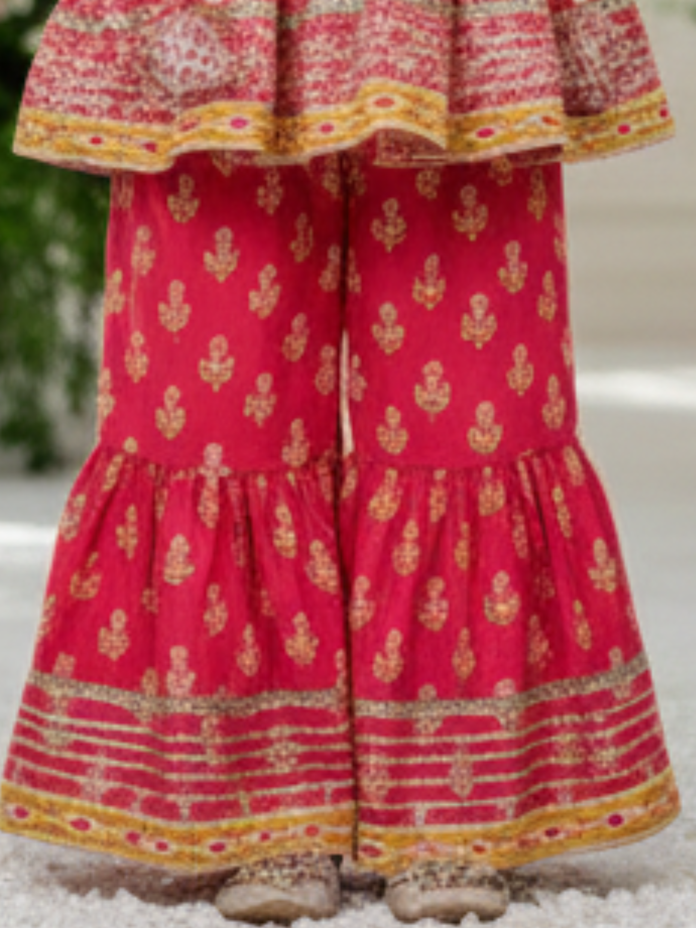 Girls' Festive Fuchsia Pink Print Angrakha Kurti and Tiered Sharara Set