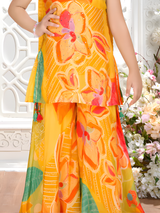 Girls' Bright Yellow Floral Print Sleeveless Kurti & Sharara Set with Scarf