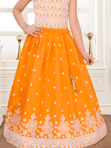 Girls' Tangerine Orange Lehenga Choli with White Threadwork.