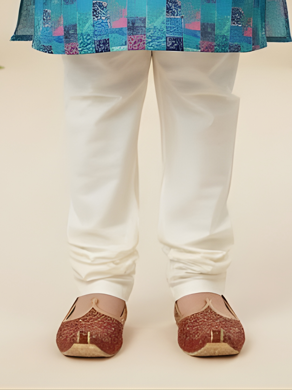 Boys' Green & Blue Festive Geometric Print Kurta with Cream Pyjama Set.