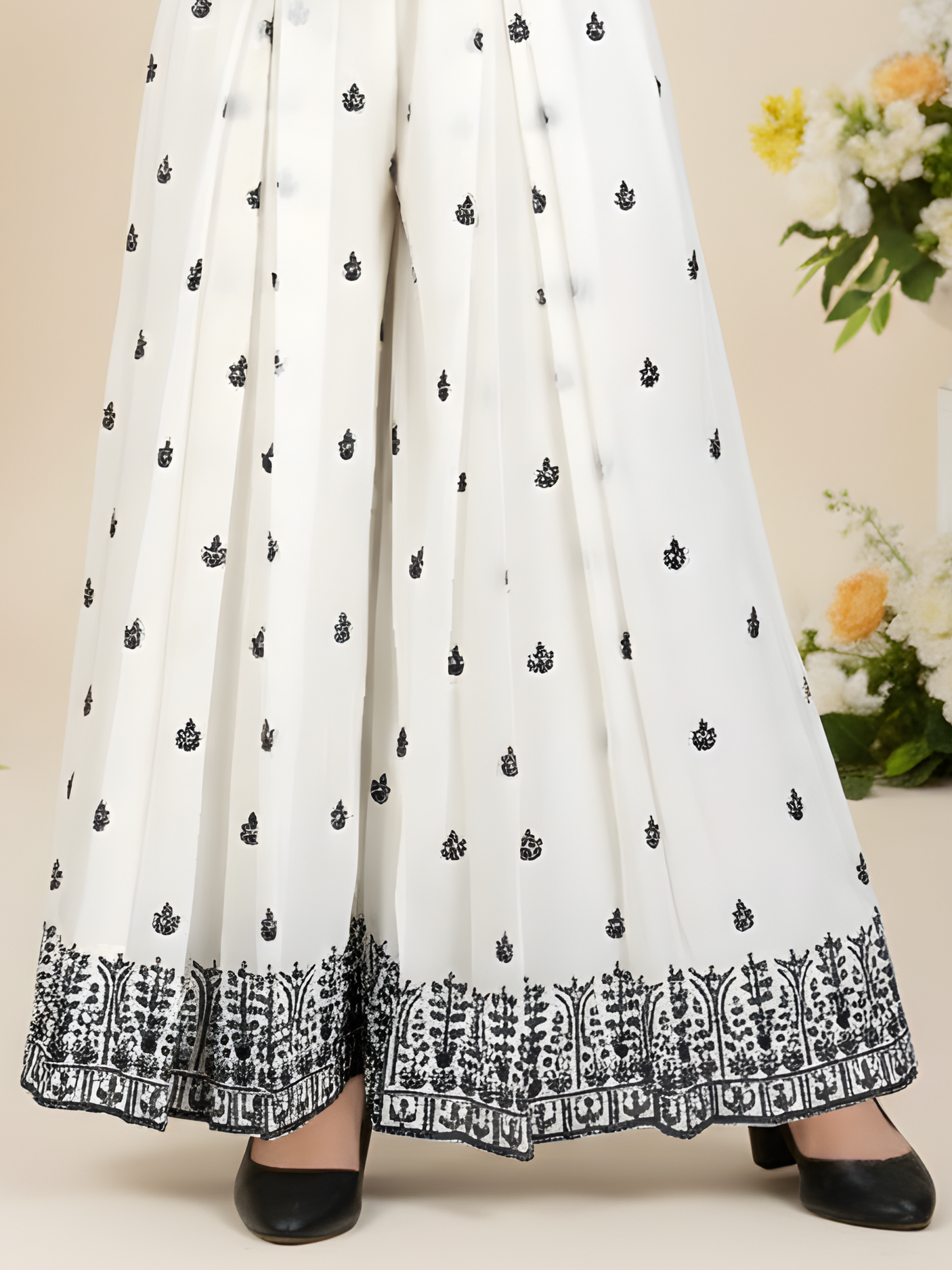 Girls' Elegant Cream & Gold Sharara Suit with Intricate Embroidery and Floral Shawl