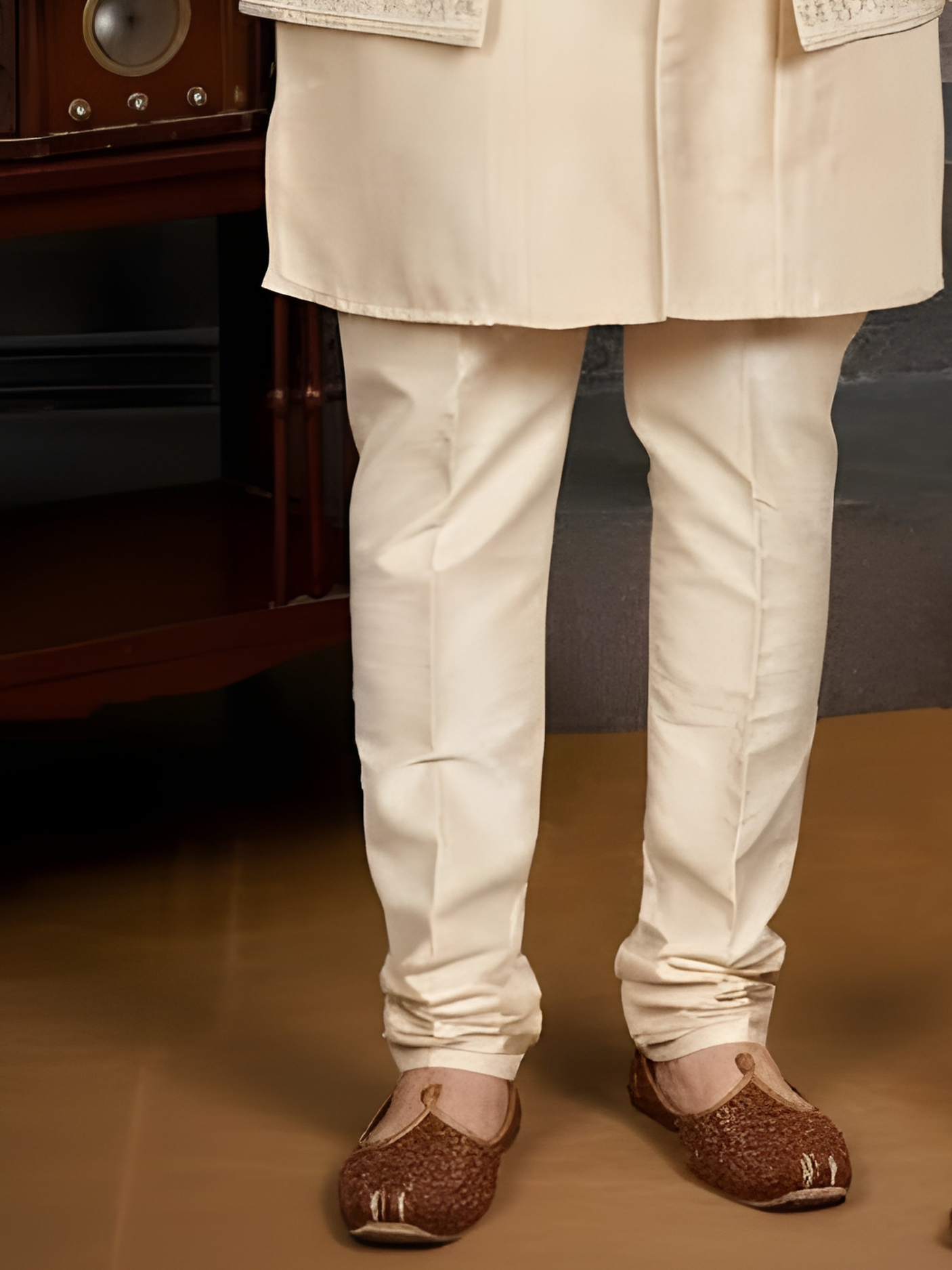 Boys' Cream Silk Blend Kurta Set with Embroidered Nehru Jacket