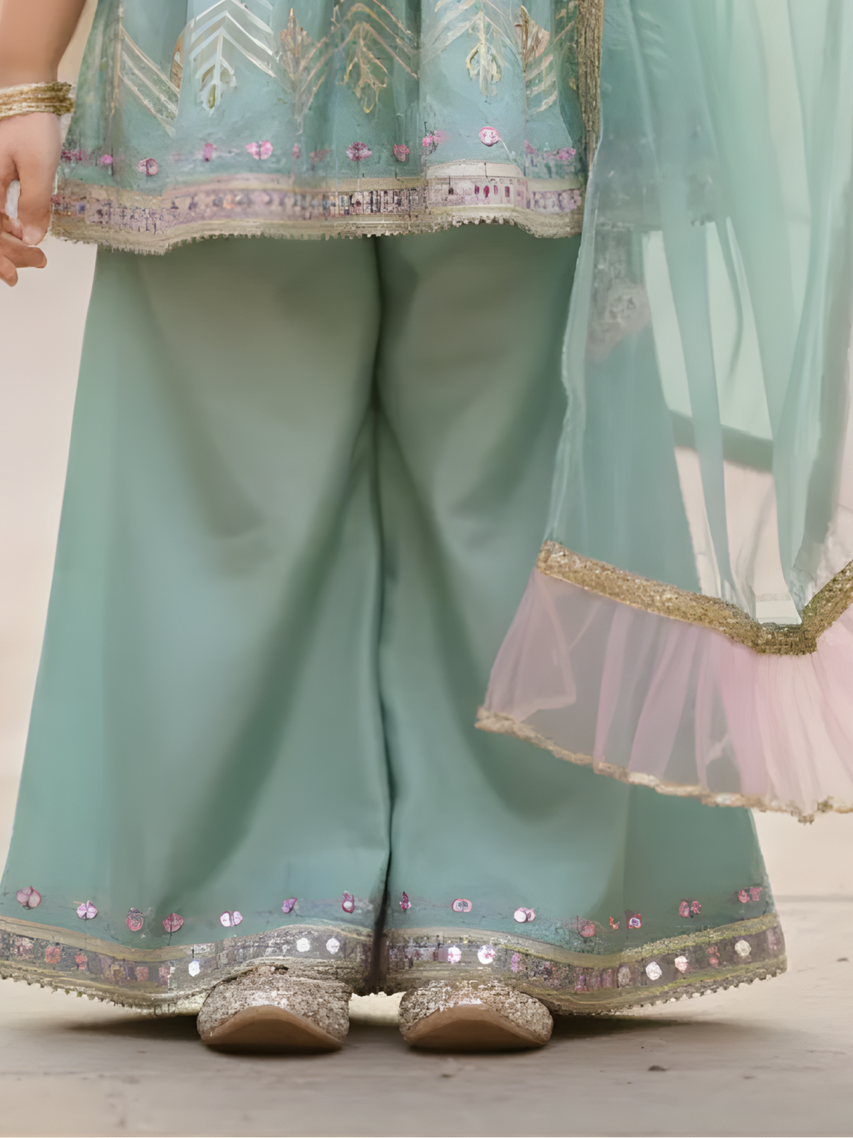 Girls Sea Green Embroidered Peplum PalazzoSet with Ruffled Dupatta