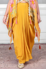 Girls' Vibrant Yellow Dhoti Set with Floral Shrug & Embroidered Top
