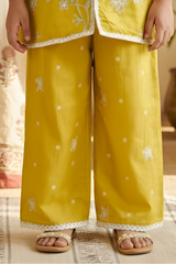 Girls' Sunny Yellow Palazzo Set with White Floral Embroidery.