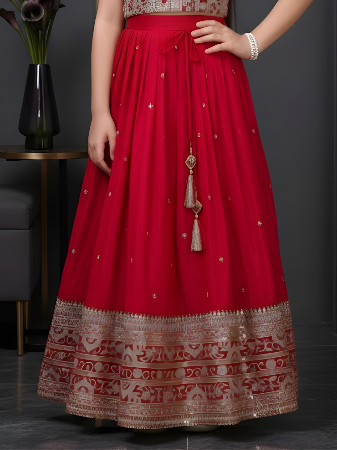 Girls' Deep Red Heavy Zari & Sequin Embroidered Lehenga Choli.