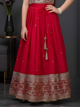 Girls' Deep Red Heavy Zari & Sequin Embroidered Lehenga Choli.