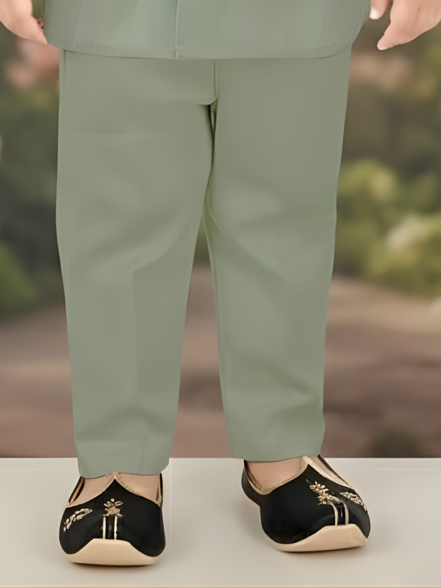 Boys' Sage Green Kurta Pajama Set with Multi-Color Patterned Waistcoat