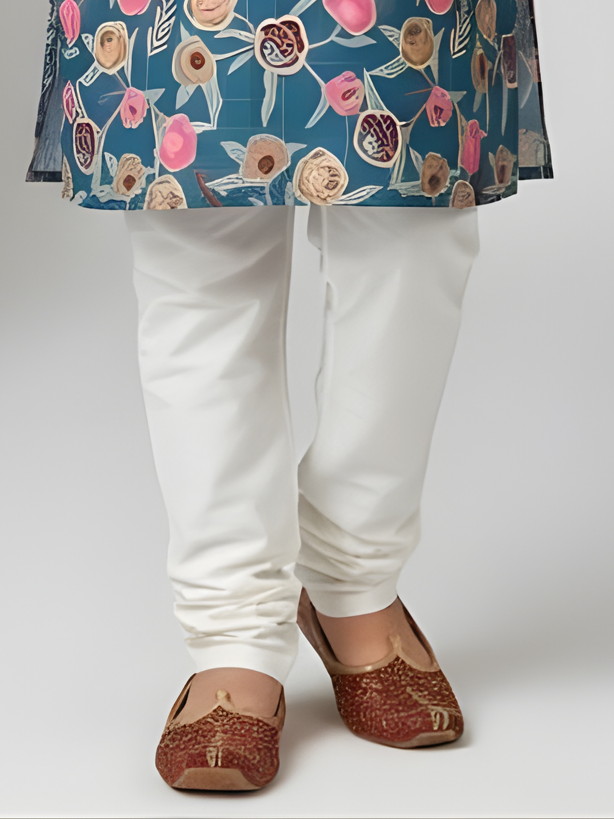 Boys' Teal Blue Floral Print Kurta with Cream Pyjama Set.