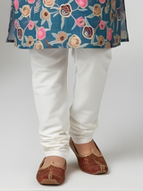 Boys' Teal Blue Floral Print Kurta with Cream Pyjama Set.