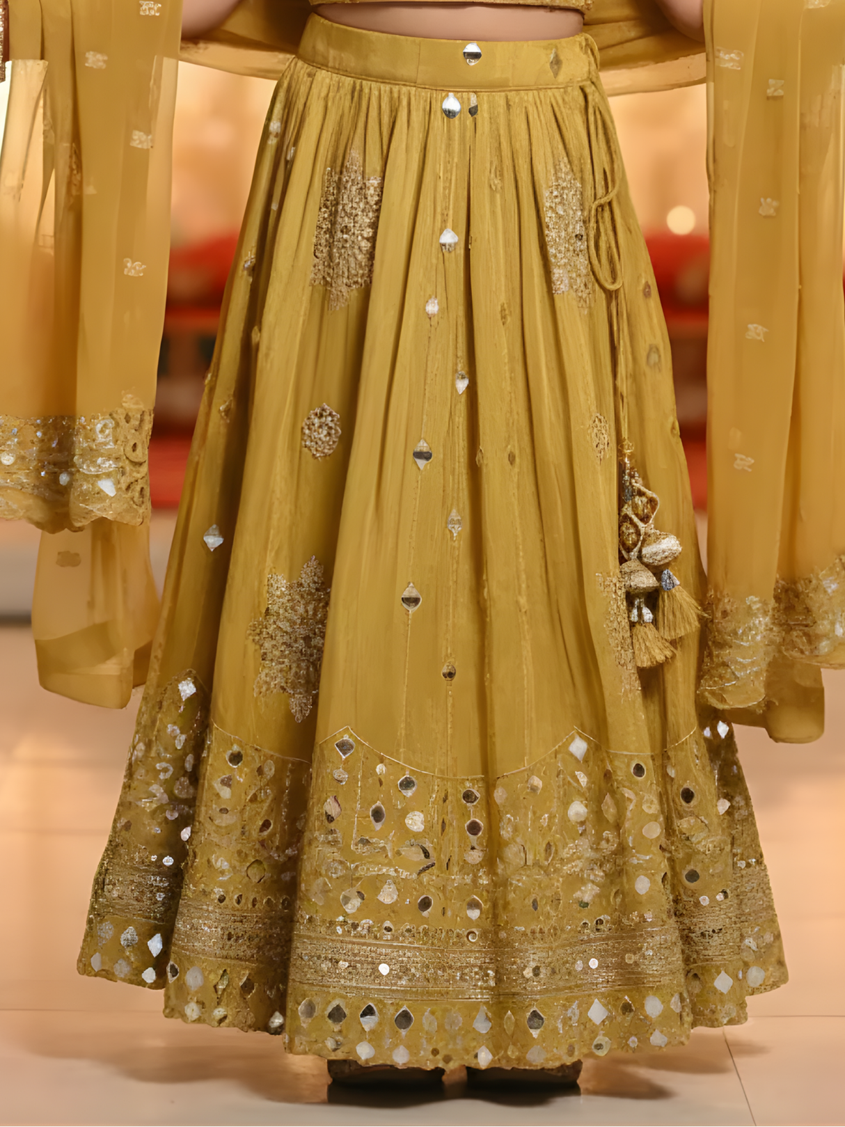 Girls Mustard Yellow Mirrored Lehenga Choli Set with Dupatta