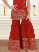 Girls' Red and Gold Bandhani Print Sharara Set with Sleeveless Kurta