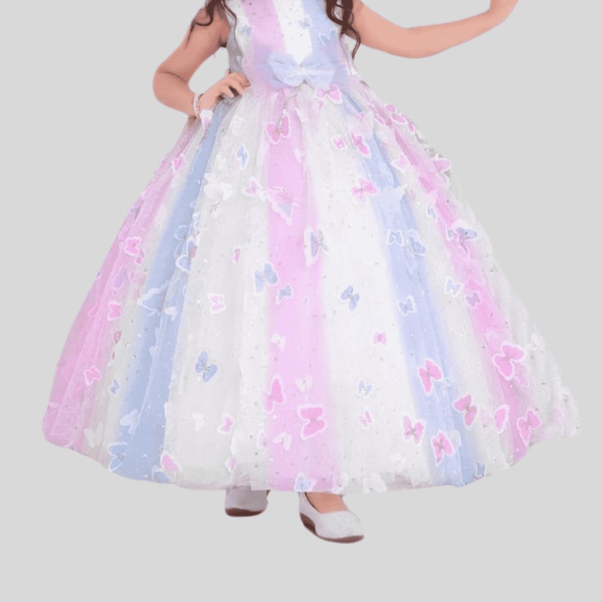 Girls Party Printed Heavy Western Gown - White