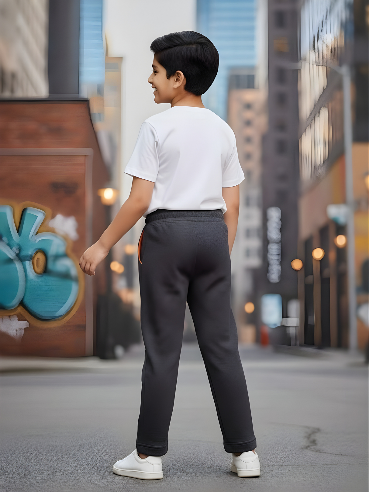 Boys' Premium Grey Melange Track Pants with Sporty Circular Print