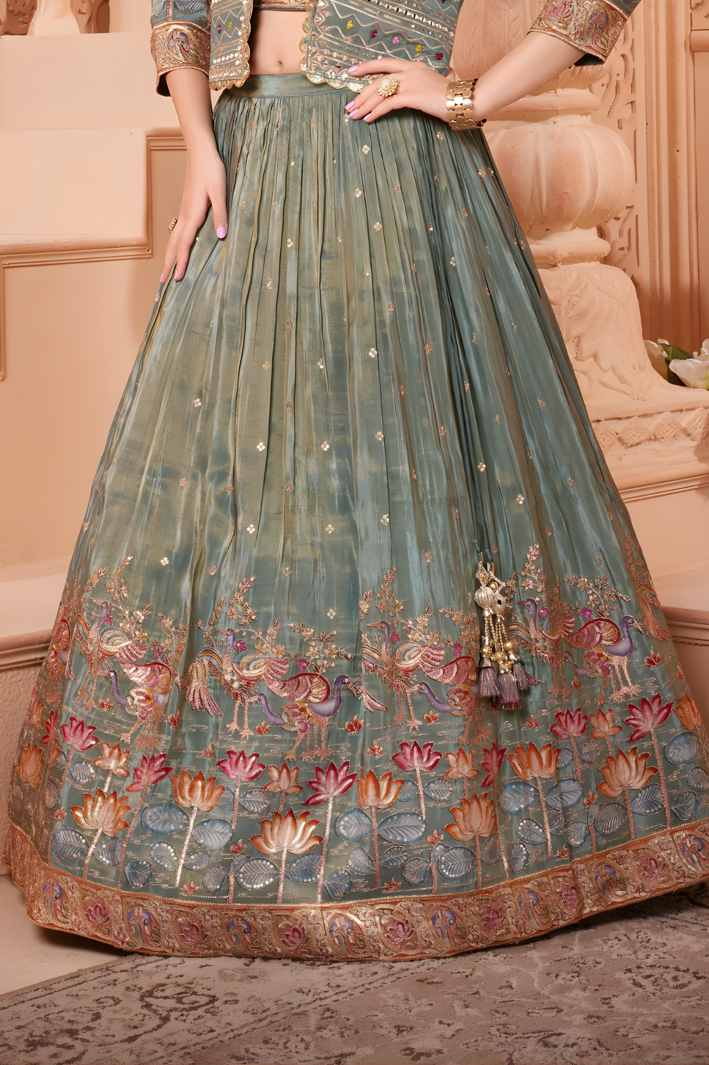 Girls' Sage Green Embroidered Jacket, Crop Top, and Lehenga Set