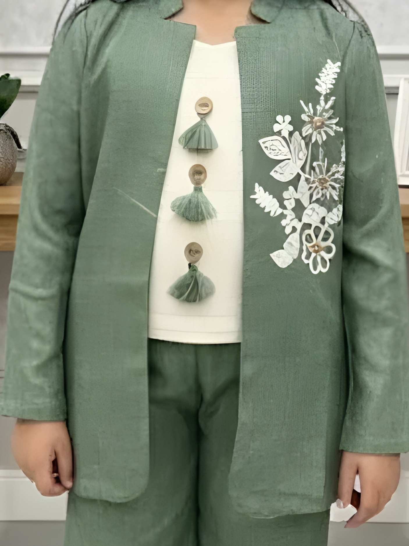 Girls' Sage Green Embroidered Pant Set with Longline Jacket