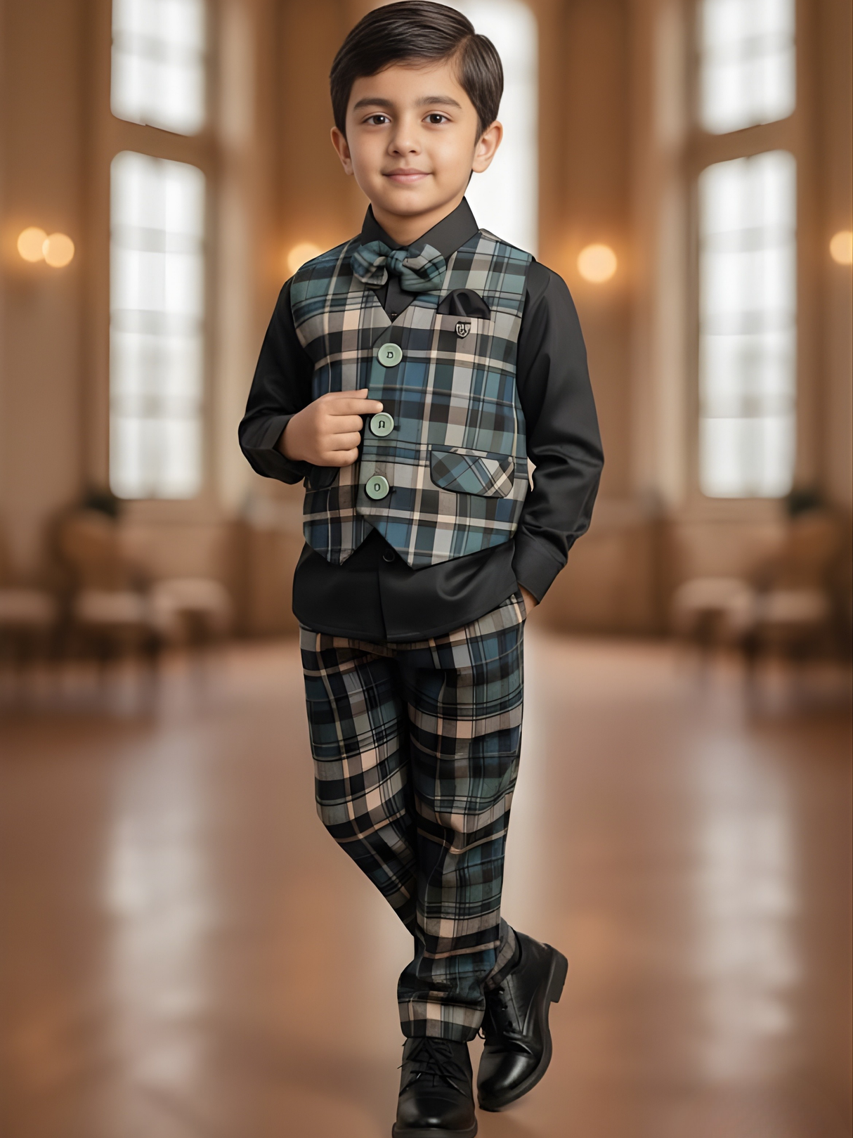Boys Blue Plaid Waistcoat Set