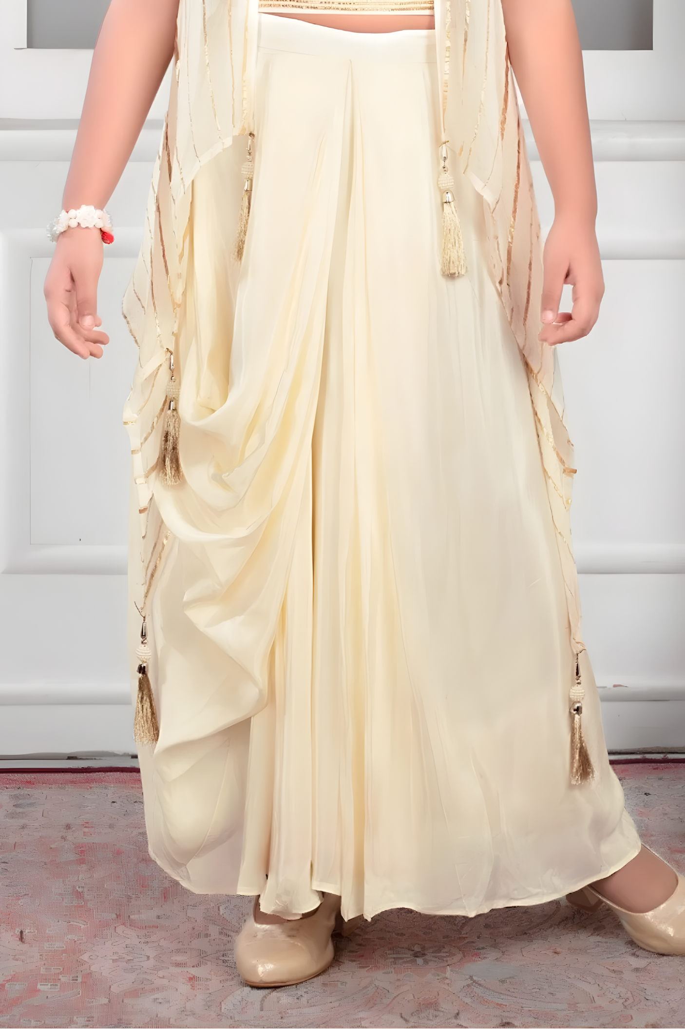 Elegant Cream Draped Set with Embroidered Shrug.