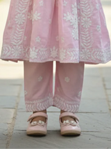 Girls' Pastel Pink Chikankari-Inspired Embroidered Kurti Set