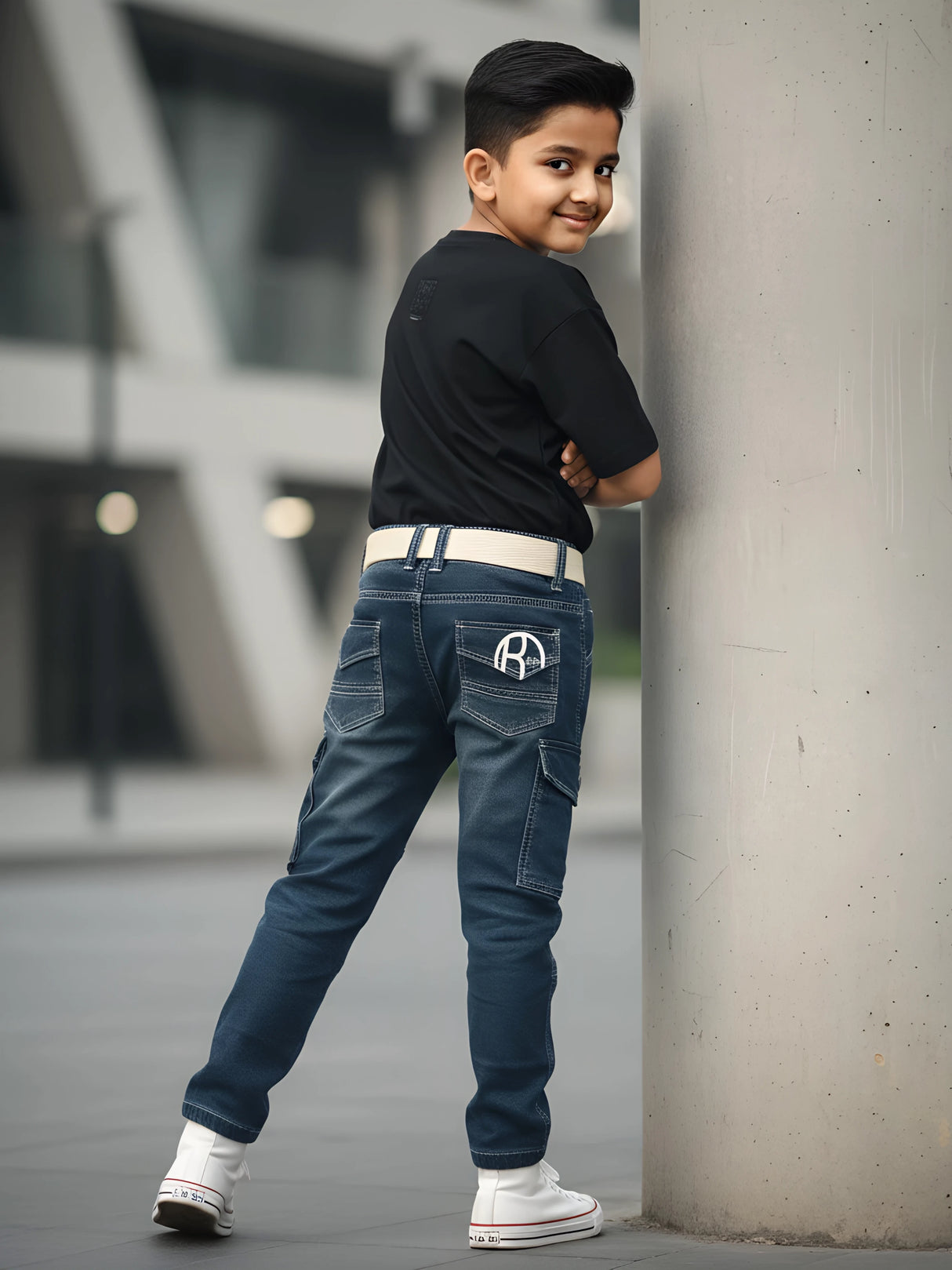 Boys Dark Blue Multi-Pocket Denim Cargo Jeans