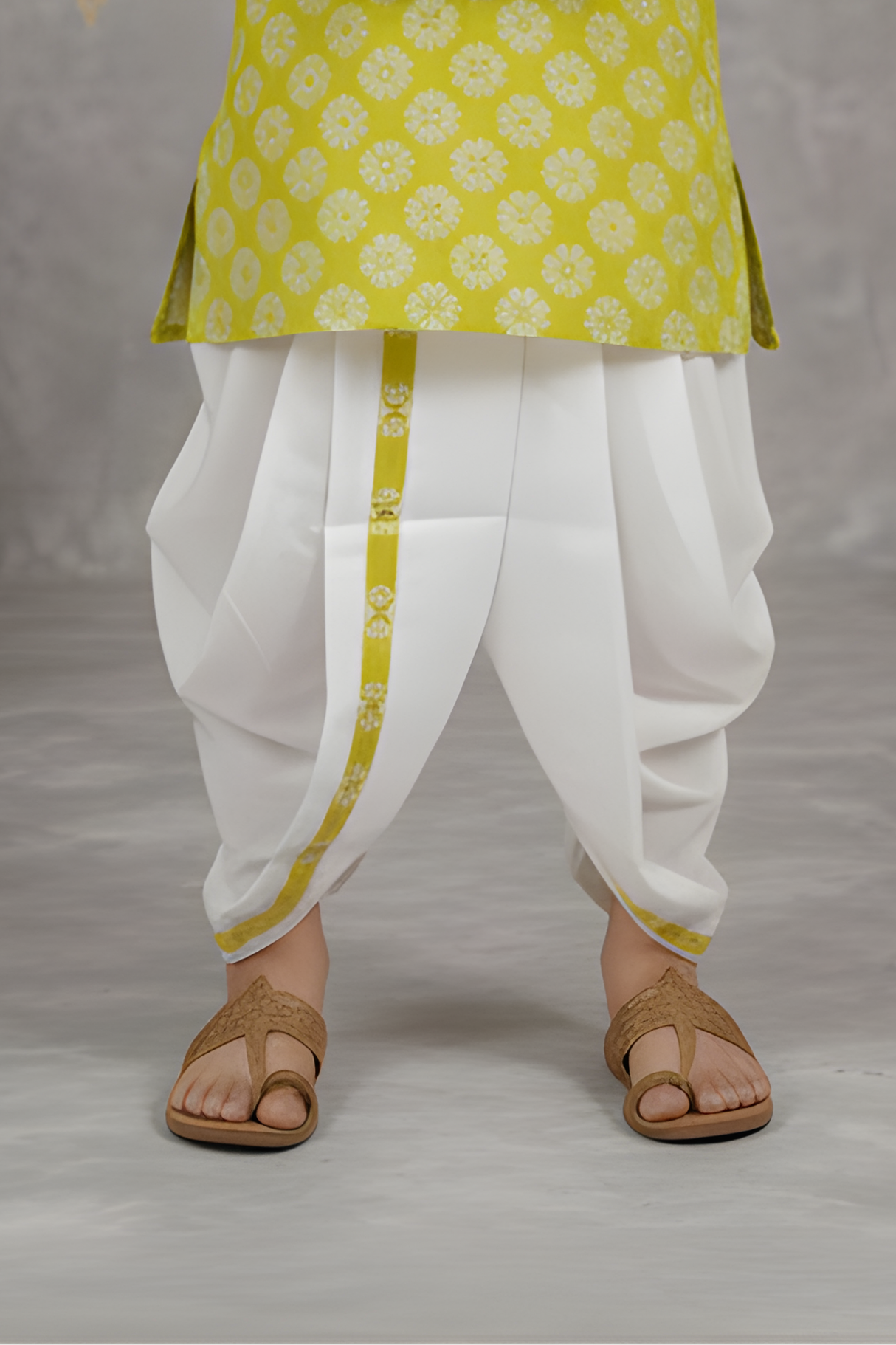 Boys' Lime Green Geometric Printed Kurta with White Dhoti Set