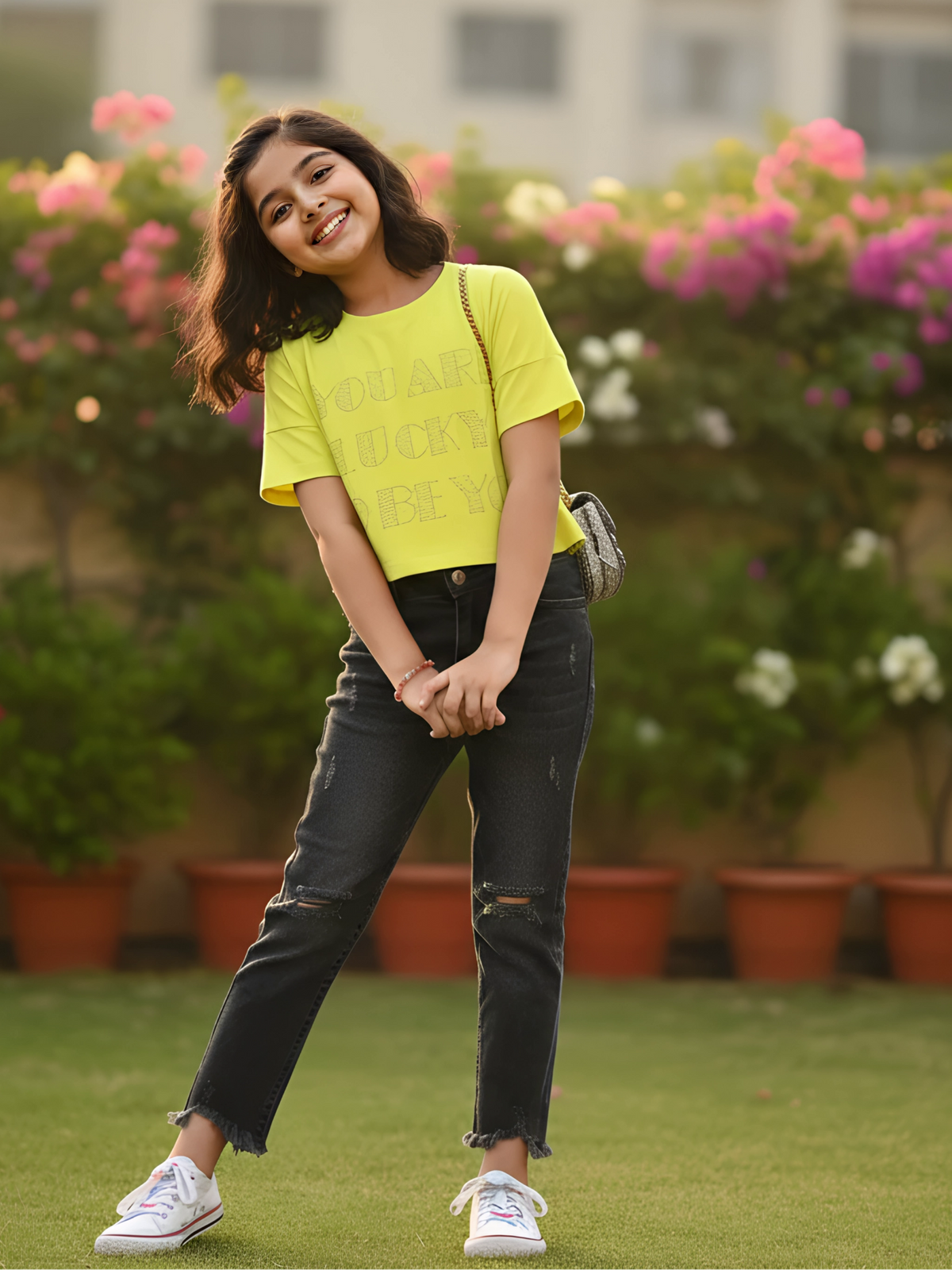 Girls' Vibrant Lime Green Graphic Crop Top
