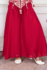 Girls' Festive Red Geometric Embroidered Peplum Palazzo Set