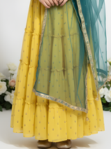 Girls' Heavily Embroidered Yellow Choli, Tiered Skirt, and Teal Dupatta Set