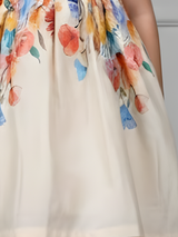 Girls Cream Floral Print A-Line Frock with Rosette Detail