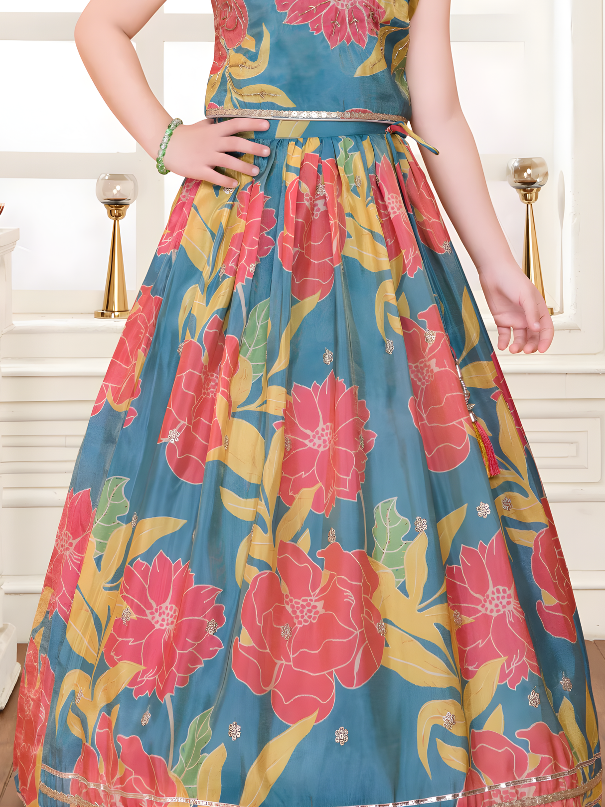 Girls' Floral Print Lehenga Choli Set - Teal & Pink.